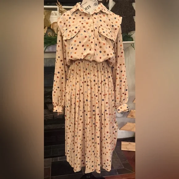 Vintage Leslie Fay Cream Tan Polkadot Long Sleeve Blouson Dress Union Made Sz 12 - Picture 1 of 10